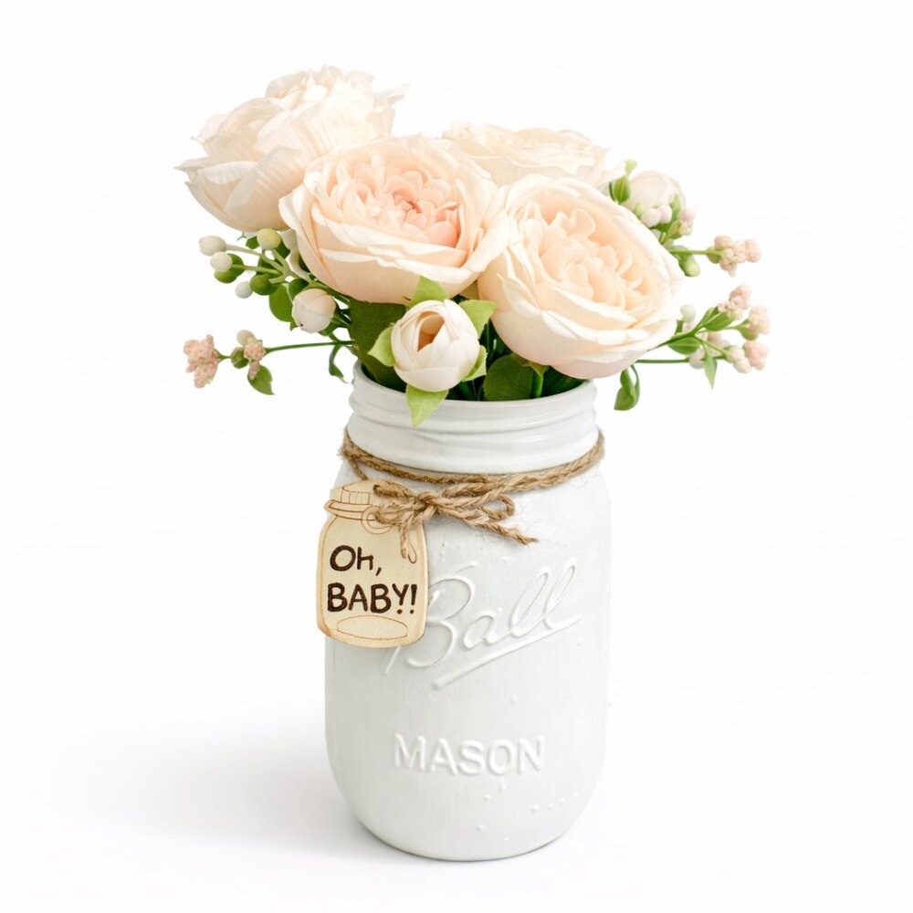 Pink English Rose Arrangement in Mason Jar Girl Baby Shower Gift Nursery Decor